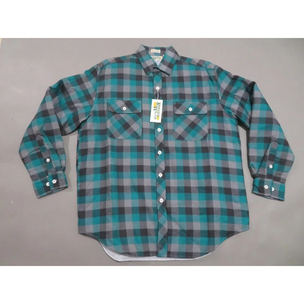 Vtg Rugged Wear BOG Flannel Shirt Jacket Mens Large Green Plaid Quilted Lined